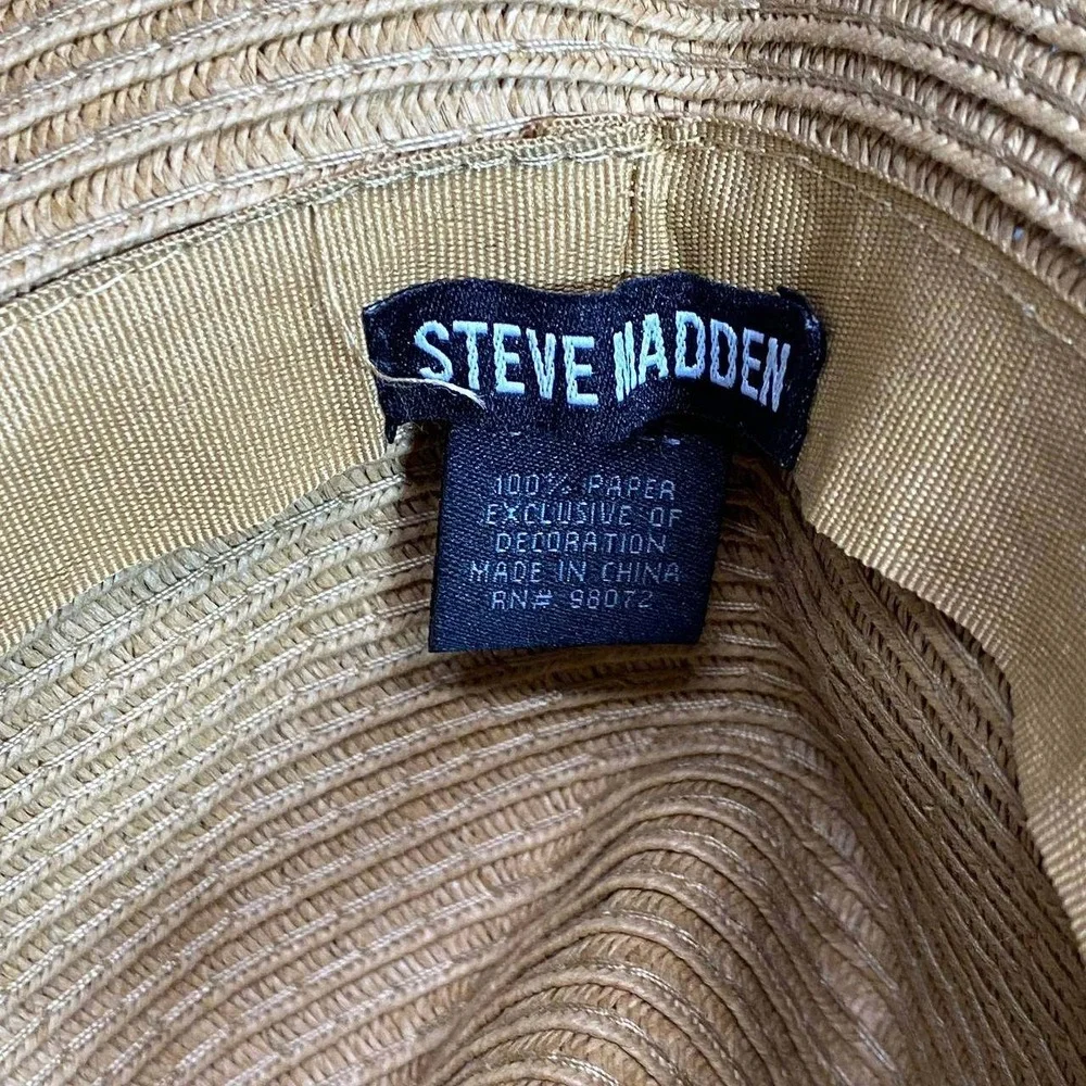 Steve Madden Straw Sun Hat Orange Floral Scarf Tie Wide Brim Floppy Beach Resort